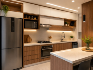 Cozinha planejada em tom claro – projeto na Barra da Tijuca