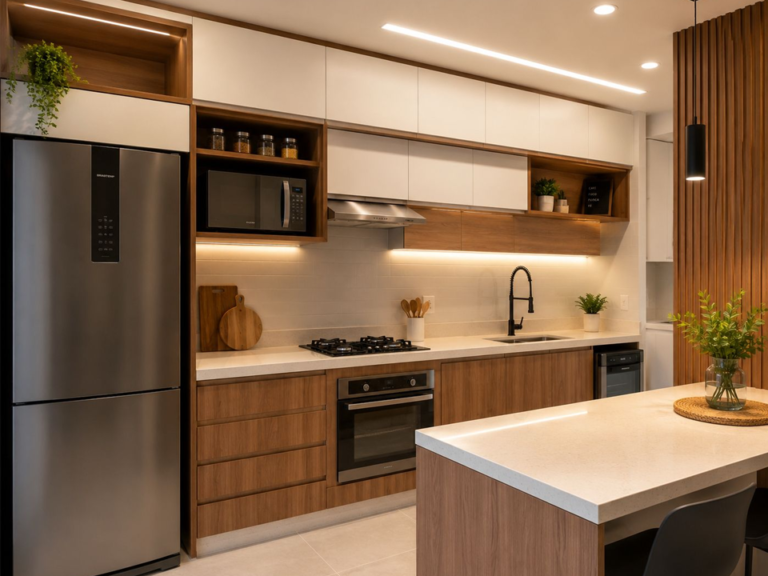 Cozinha planejada em tom claro – projeto na Barra da Tijuca